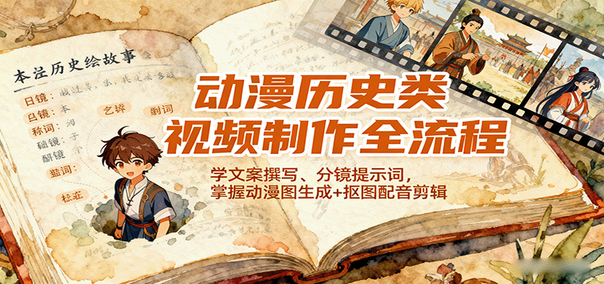 动漫历史类视频制作全流程，学文案撰写、分镜提示词，掌握动漫图生成+抠图配音剪辑-钱叫兽