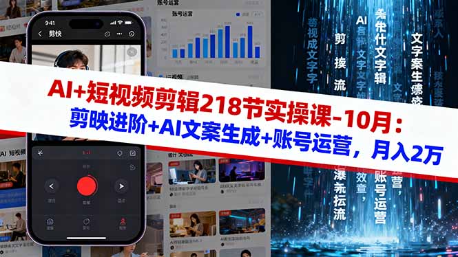 AI+短视频剪辑218节实操课-10月：剪映进阶+AI文案生成+账号运营，月入2万-钱叫兽