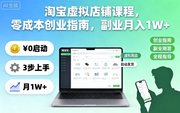 淘宝虚拟店铺课程，零成本创业指南，副业月入1W+-钱叫兽