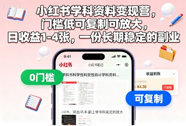 小红书学科资料变现营，门槛低可复制可放大，日收益1-4张，一份长期稳定的副业-钱叫兽