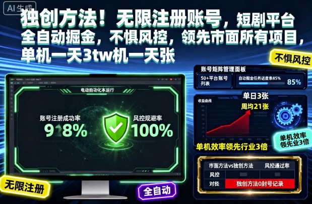 独创方法!无限注册账号,短剧平台全自动掘金,不惧风控,领先市面所有项目,单机一天3张【揭秘】-钱叫兽
