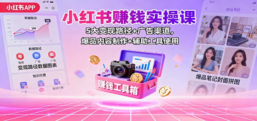 小红书赚钱实操课：5大变现路径+广告渠道，爆品内容制作+辅助工具使用-钱叫兽