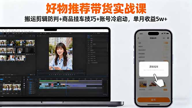 好物推荐带货实战课：搬运剪辑防判+商品挂车技巧+账号冷启动，单月收益5w+-钱叫兽