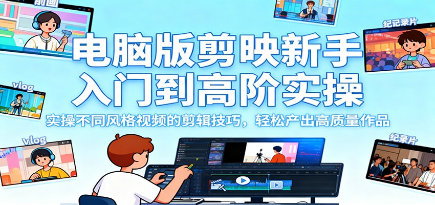 电脑版剪映新手入门到高阶实操，实操不同风格视频的剪辑技巧，轻松产出高质量作品-钱叫兽